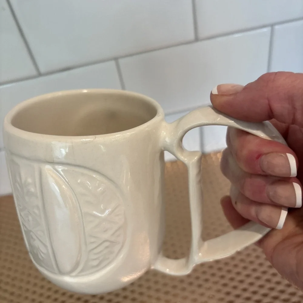 Pottery Barn A-Z Monogram Raised Letter D Coffee Tea Cup Mug Ornate Handle Ivory